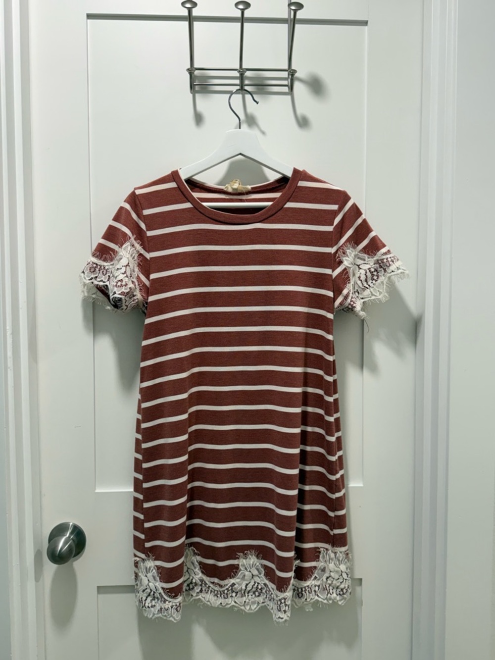 entro Rust and White Striped Lace-Trim Knit Dress